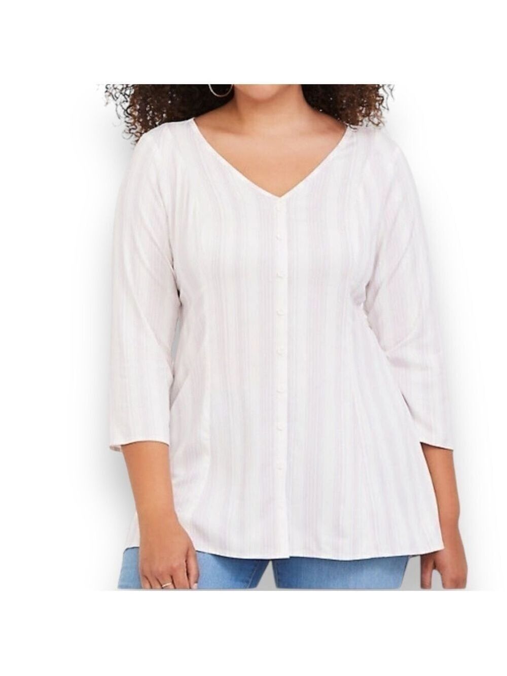 Torrid Challis Pink White Striped 3/4 Sleeve Faux Button Blouse - Size Large